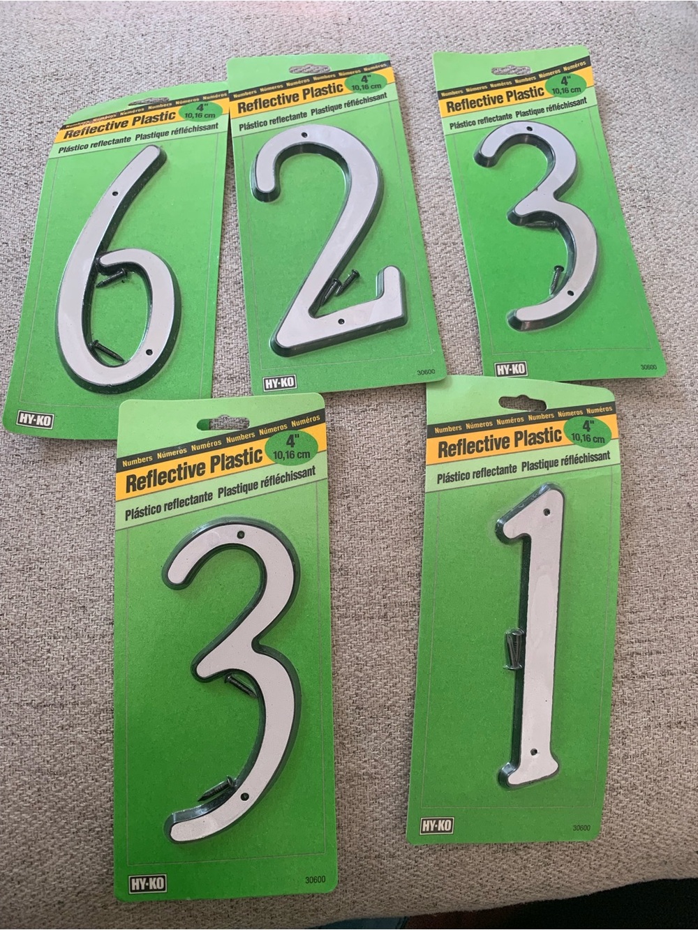 HY-KO 4-Inch Reflective Plastic House Numbers | 5-Pack Silver Address Digits